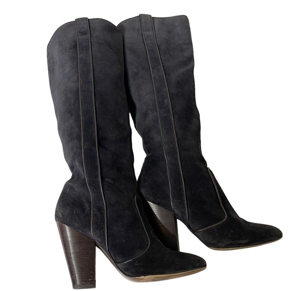 Y2K Western Boho ASH Black Suede Tall Boots 40 Chunky Block Heel Festival Chic - Picture 1 of 9